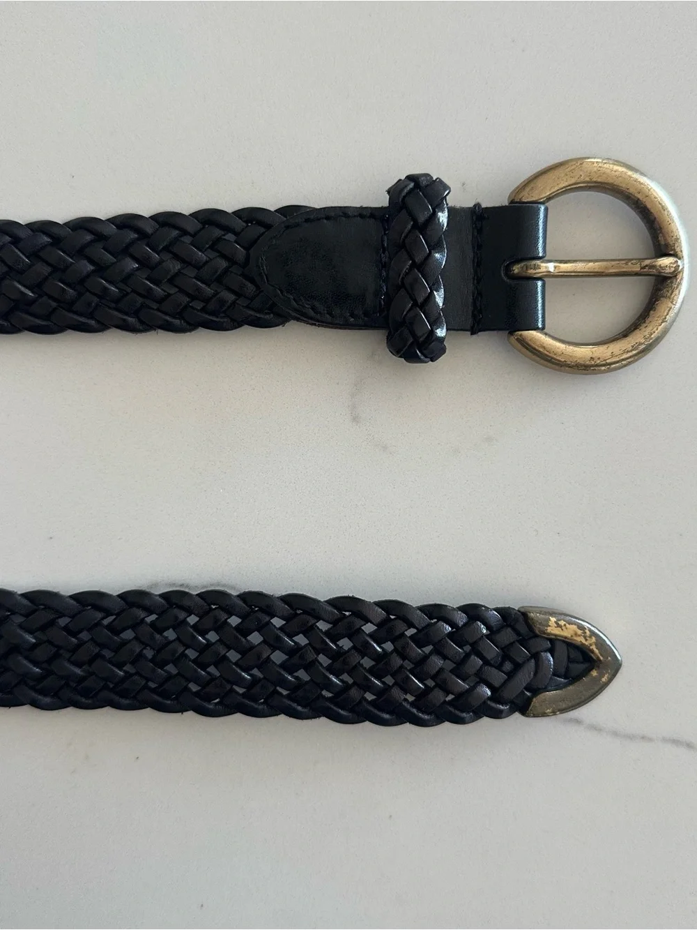 Vintage Talbots Narrow Braided Leather Belt Solid Brass Round Buckle Black Large